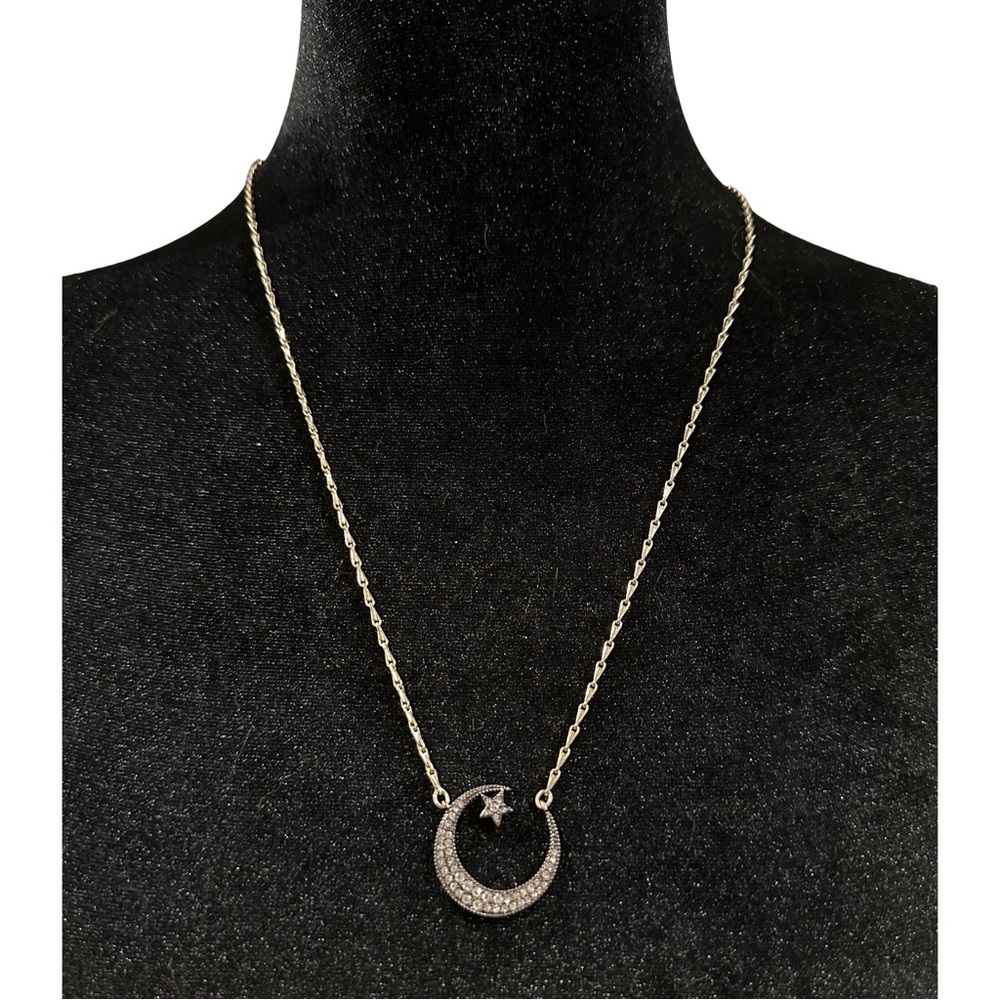 Stella and Dot Necklace Pave Cresent Moon Star Gold Tone Silver Tone